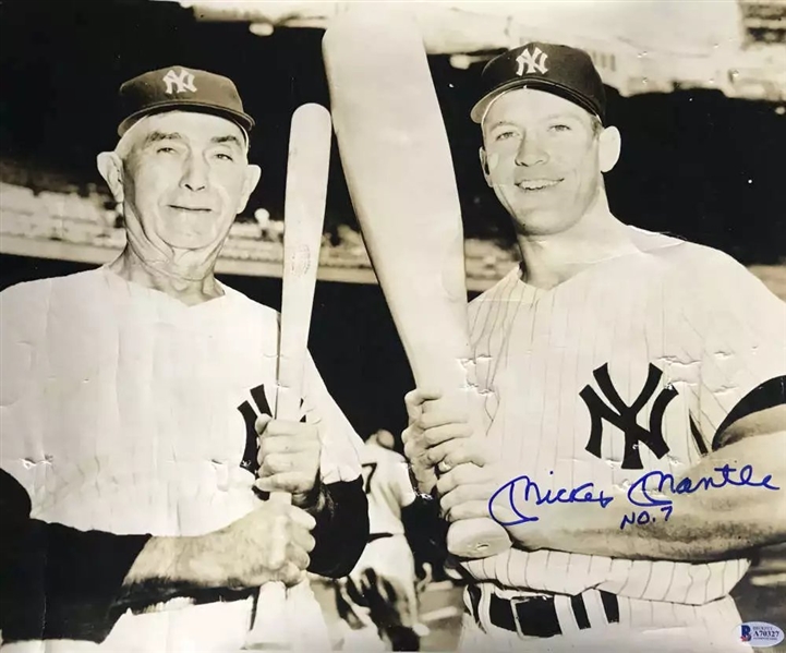 Mickey Mantle Signed & No.7 Inscribed Over-Sized 14" x 17" Vintage Photograph w/ Home Run Baker! (Beckett/BAS)