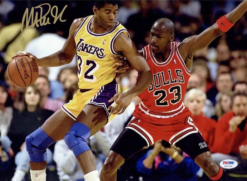 Magic Johnson Signed 11" x 14" Color Photograph w/ Michael Jordan! (PSA/DNA)