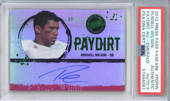 2012 Press Pass Fanfare PDRW Russell Wilson Paydirt Emerald /10 Rookie Card (PSA 9 Auto)