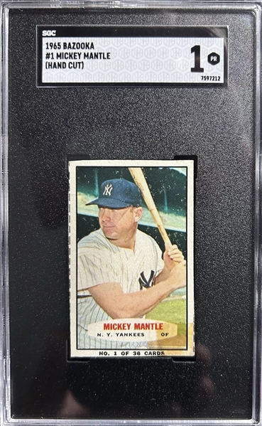 1965 Bazooka #1 Mickey Mantle Batting Left Rare Hand Cut Baseball Card - SGC 1