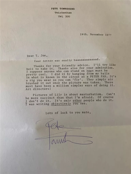 The Who: Pete Townshend INCREDIBLE Signed 1977 Letter w/ Erotic Explanation of Lyrics for "Pictures of Lily"! (Third Party Guaranteed)