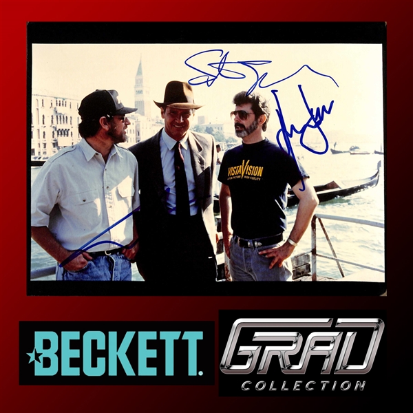 Indiana Jones: Spielberg, Lucas, & Ford Signed 8" x 10" Last Crusade Photograph (Beckett/BAS LOA)(Grad Collection)