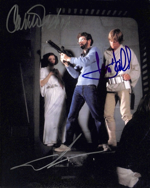 Star Wars: Carrie Fisher, George Lucas, & Mark Hamill Signed 8" x 10" Photograph (Beckett/BAS LOA)(Grad Collection)