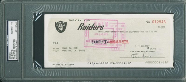 Al Davis Signed 1977 Oakland Raiders Bank Check w/ Gem Mint 10 Auto! (BAS/Beckett Encapsulated)