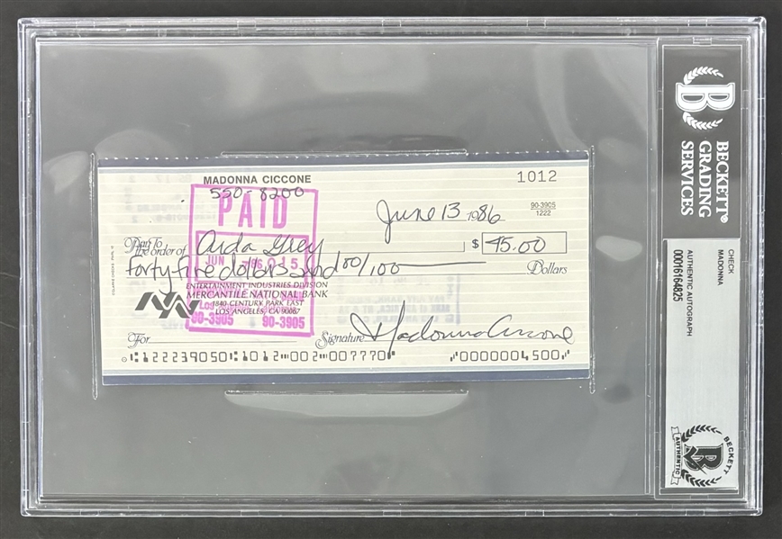 Madonna 1986 Handwritten & Signed Check (Beckett/BAS Encapsulated)