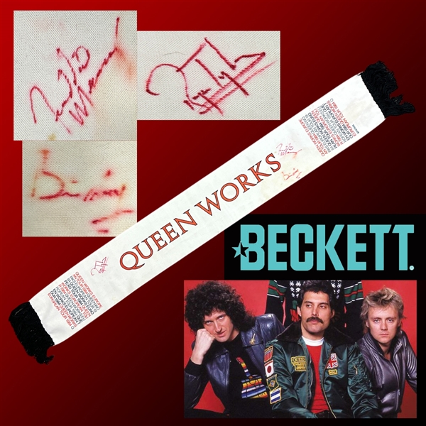 Queen: Freddie Mercury, Brian May & Roger Taylor Group Signed Scarf from The Works 1984 European Tour (Beckett/BAS LOA)