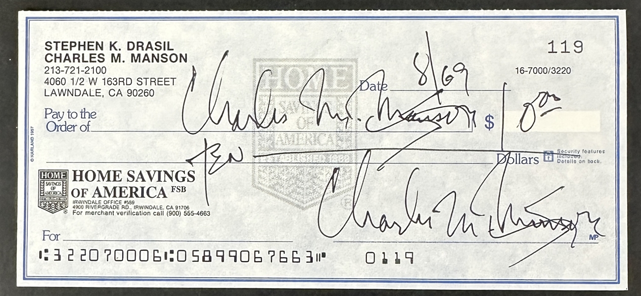 Charles Manson Handwritten & Signed Personal Bank Check (JSA LOA)