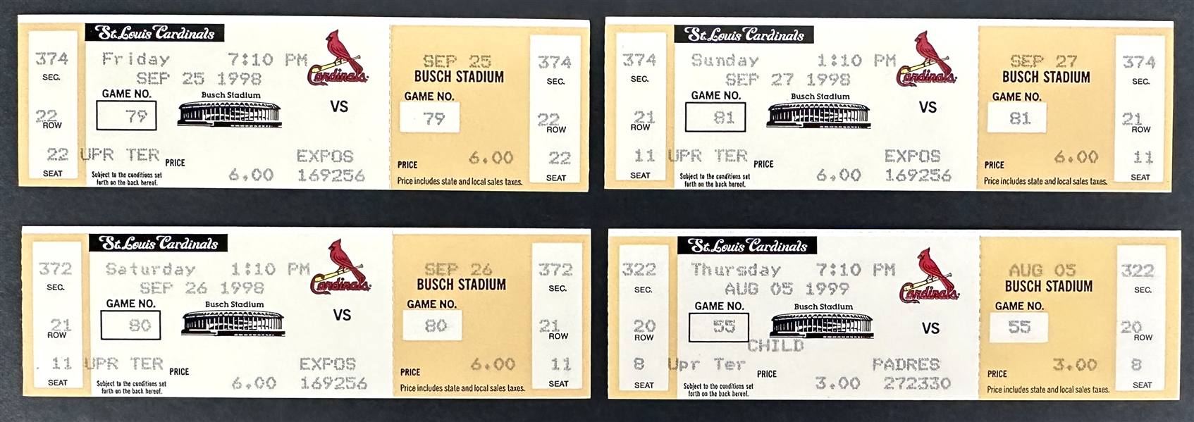 Mark McGwire Lot of Four (4) Tickets from Historic Home Run Achievements Including 1998 HR #70 and 500th Career HR