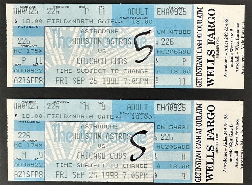 Sammy Sosa Lot of Two (2) Full Tickets from 9/25/1998 :: Sosa Hits 66th HR of Season