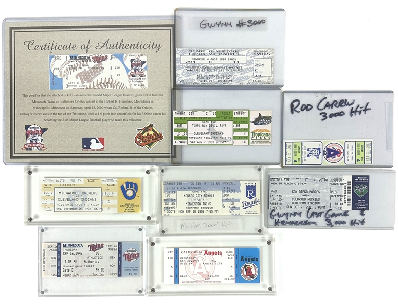 Historic 3,000th Hit Games: Lot of Nine Tickets from 3,000 Hit Games for Brett, Carew, Gwynn, Ripken, etc.