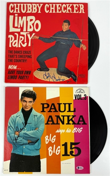 2 Vintage Classic Pop Hits: Signed Albums Lot Including Chubby Checker & Paul Anka (Beckett/BAS)