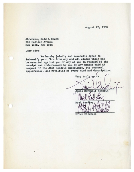 The Jimi Hendrix Experience 1968 Signed Indemnification Contract New York (USA) (Tracks LTD)