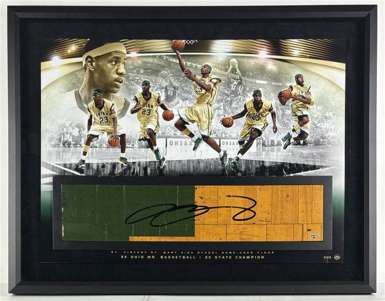 LeBron James Signed Ltd. Ed. Over-Sized 28" x 36" St. Vincent-St. Mary High School Game-Used Floor Piece Framed Display (Upper Deck/UDA COA)