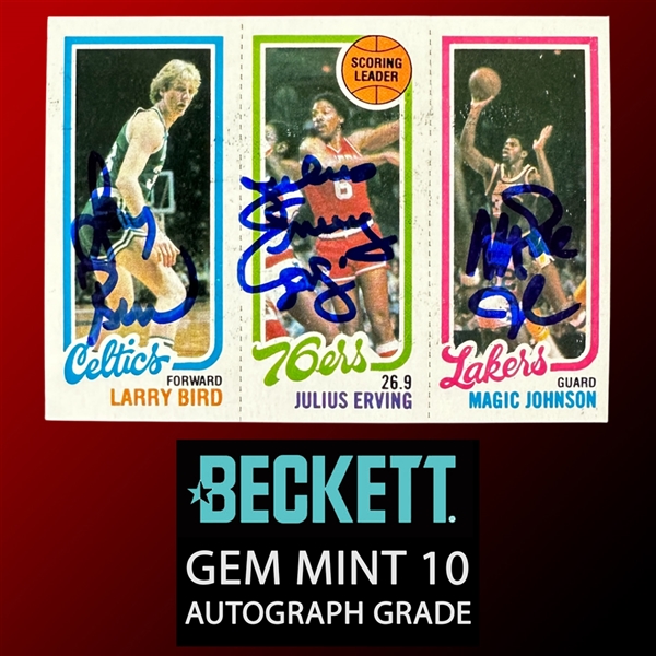 1980-81 Topps Magic Johnson, Larry Bird & Julius Erving Card - Signed by All 3 - Magic & Birds Rookie with GEM MINT 10 Autographs (Beckett/BAS LOA)