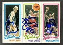 1980-81 Topps Magic Johnson, Larry Bird & Julius Erving Card - Signed by All 3 - Magic & Bird's Rookie with GEM MINT 10 Autographs (Beckett/BAS LOA)