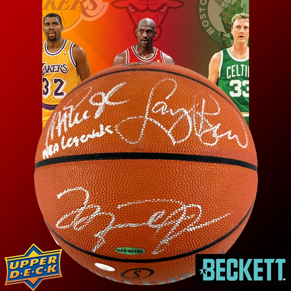 Michael Jordan, Larry Bird & Magic Johnson Signed "NBA Legends" Spalding NBA Game Model Leather Basketball (UDA, Beckett/BAS & Bird Hologram)