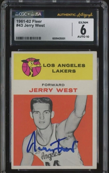 Jerry West Signed 1961-62 Fleer #41 Rookie Card Graded EX-NM 6 with GEM MINT 10 Autograph (CGC & JSA Encapsulated) 