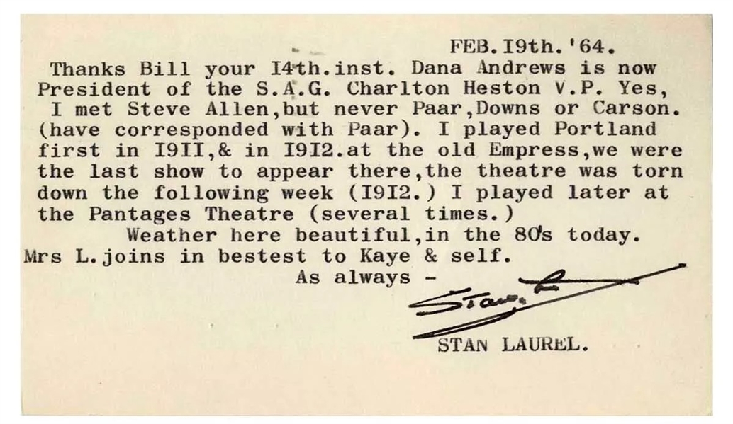 Stan Laurel Signed Typed 3.5" x 5.5" Letter w/ Charlton Heston/SAG Content! (Third Party Guaranteed)