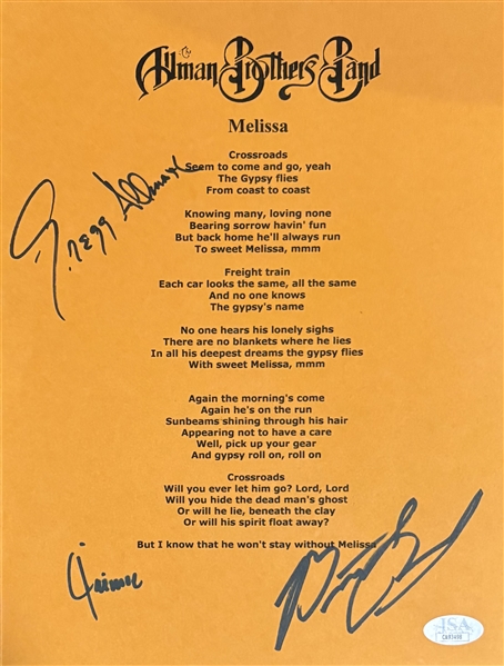 Allman Brothers Band Signed 8" x 10" Melissa Lyric Page w/ Gregg, Butch & Jaimoe (JSA)
