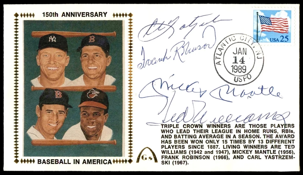 Mickey Mantle, Ted Williams, Carl Yastrzemski & Frank Robinson Signed 1989 Triple Crown Winners First Day Cover (JSA)