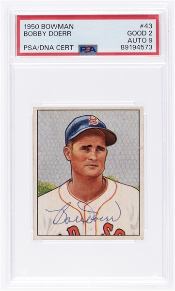 1950 Bowman #43 Bobby Doerr Signed Trading Card - PSA 2 Auto 9