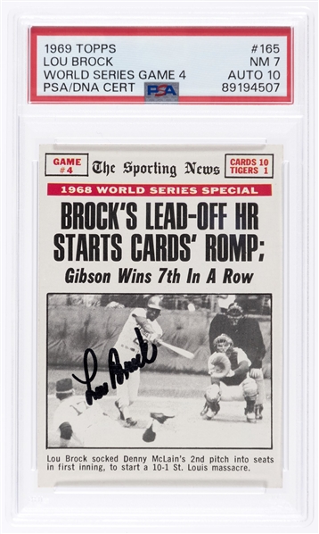 1969 Topps World Series Game 4 #165 Lou Brock Signed Trading Card - PSA NM 7 Auto 10