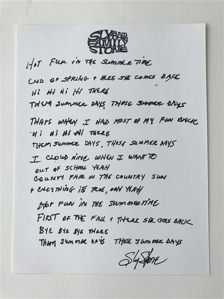 Sly Stone Signed Full Lyrics to "Hot Fun in the Summertime" (JSA) (Ulrich Collection)