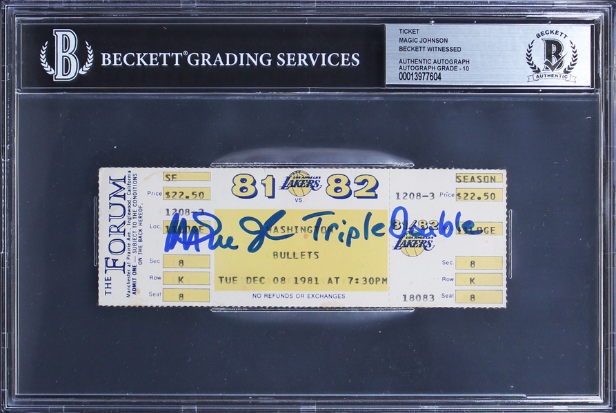 Lakers Magic Johnson Triple Double Signed 1981 Ticket Stub Auto 10! (Beckett/BAS Encapsulated)
