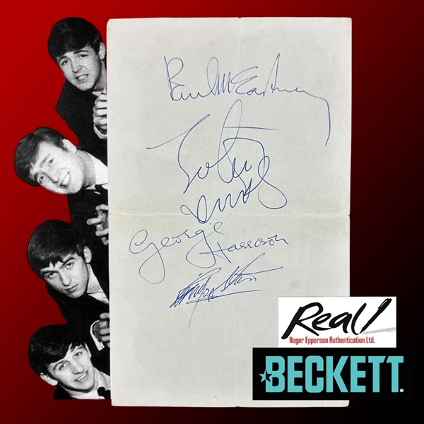 The Beatles Vintage Group Signed 5" x 8" Sheet with All Four Members (Beckett/BAS & Epperson/REAL LOAs)