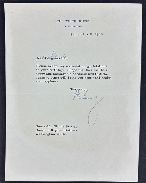 President John F. Kennedy Signed White House Letter from 1963 - A Birthday Greeting to Prominent Florida Representative Claude Pepper (Beckett/BAS LOA)
