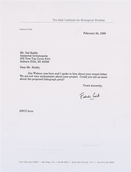 DNA: Francis Crick Signed 2015 Typed Letter Regarding Signed Lithograph Proposal with Him & James Watson (Beckett/BAS)