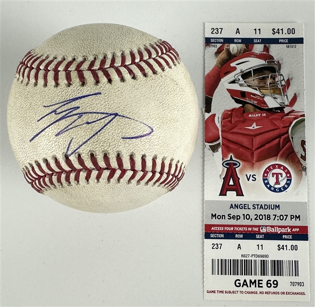 Shohei Ohtani Signed & Game Used OML Baseball from 9-10-2018 Game with Original Ticket - LAA vs. TEX - Ohtani Goes 2-for-4 with RBI (Rookie Season)(PSA & MLB Holo)