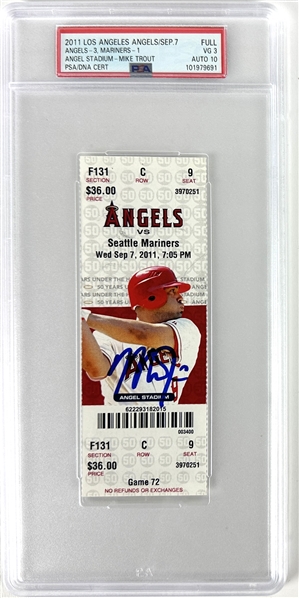 Mike Trout Signed 2011 Rookie Season Ticket - 9-7-2011 vs. Mariners with GEM MINT 10 Autograph (PSA/DNA Encapsulated)