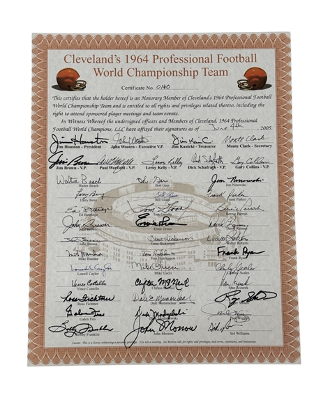 1964 Cleveland Browns Multi-Signed 16" x 20" Honorary Certificate (42 Sigs)(Third Party Guaranteed)
