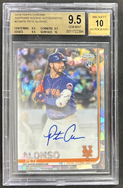 Pete Alonso Signed 2019 Topps Chrome Sapphire Rookie Card w/ Gem Mint 9.5 & 10 Grades! (Beckett/BAS Encapsulated)
