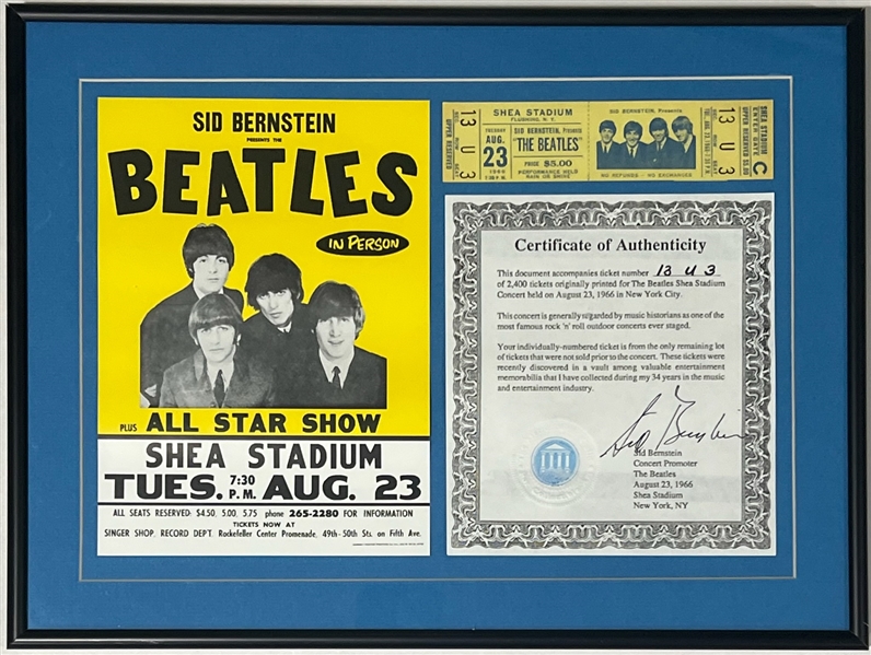 The Beatles 1966 Shea Stadium Ticket Display with Sid Bernstein Promoter Document