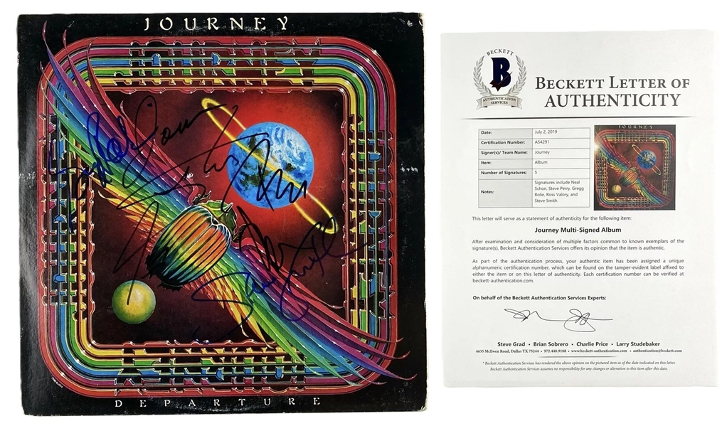 Journey: "Departure" Album Signed by All Five Members :: Steve Perry, Neal Schon, Gregg Rolie, Ross Valory, and Steve Smith (Beckett/BAS)  (John Brennan Collection) 