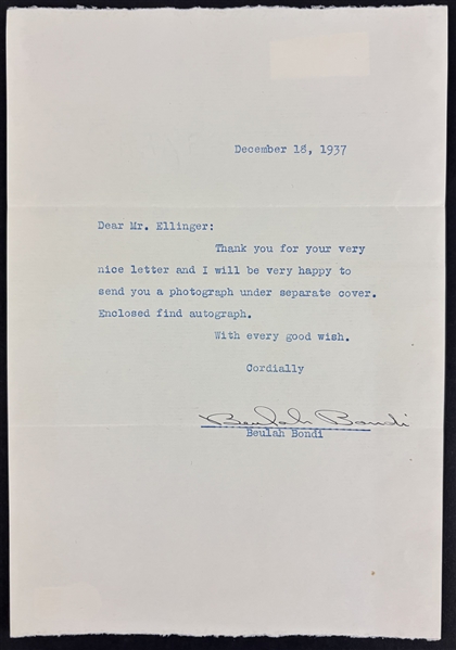 Beulah Bondi Vintage 1937 Signed Personal Letter (Beckett/BAS)