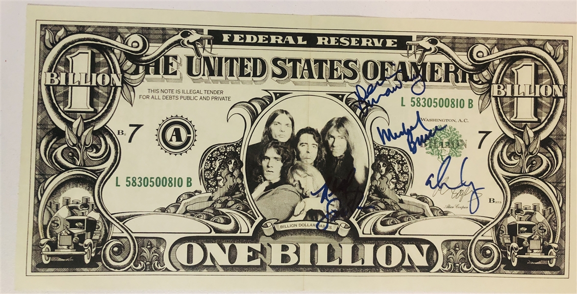 Alice Cooper Band In-Person Signed “Billion Dollar Babies” Dollar Bill Album Insert (4 Sigs) (John Brennan Collection) (JSA Authentication)