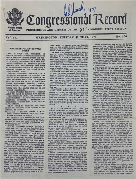Ted Kennedy Signed Souvenir Copy Of "Congressional Record" Re: U.S. Relations With China (University Archives)