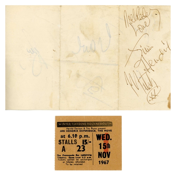 The Jimi Hendrix Experience Cast Signed Vintage Sheet with Original Ticket from Show Where it Was Acquired! (Tracks UK, Epperson/REAL & Beckett/BAS LOAs)