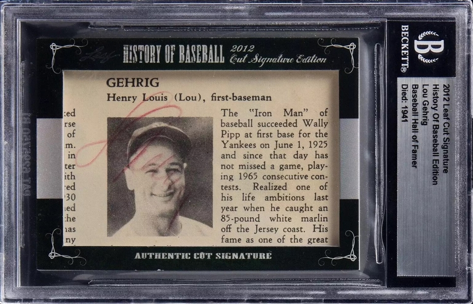 2012 Leaf History of Baseball Lou Gehrig Signed Yankees Program Photo Cut w/ Wally Pipp Reference! (Beckett/BAS)