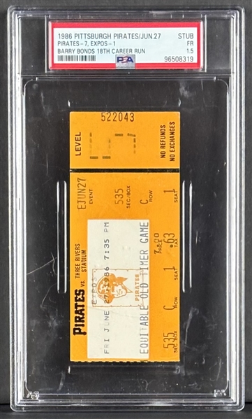 1986 Pittsburgh Pirates Ticket Stub :: Bonds 18th Career HR! (PSA/DNA Encapsulated)
