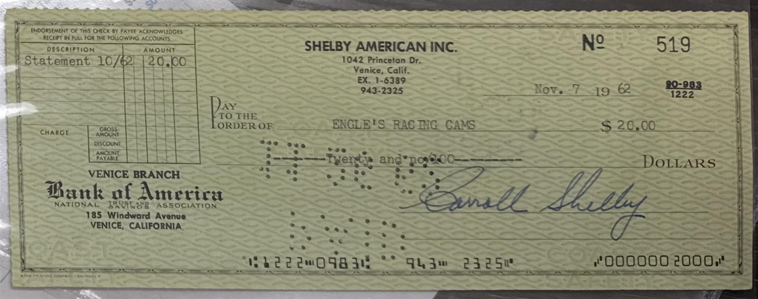 Mustang: Carroll Shelby Signed 1962 Check for Racing Cams During Cobra-Ferrari Le Mans Wars! (TPA Guaranteed)