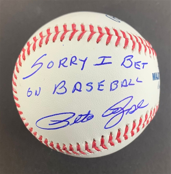 Pete Rose Lot of Four Signed OML Baseball with "Im Sorry I Bet on Baseball" Inscription (Pete Rose Sticker)