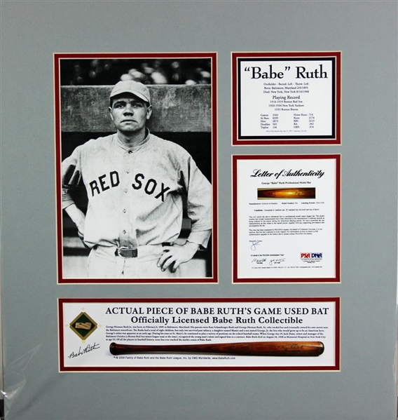Babe Ruth 19" x 20" Custom Matted Game-Used Baseball Bat Piece Red Sox Display (PSA)