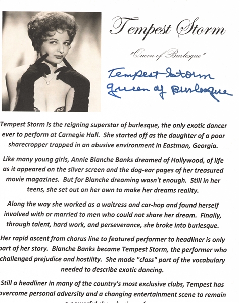 Tempest Storm Lot of Five (5) Signed 8.5" x 11" Biographical Pages (Storm Holo)