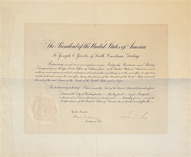 President Calvin Coolidge Signed 1925 Presidential Appointment (Third Party Guaranteed)