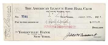 1924 Jacob Ruppert & Ed Barrow Signed Yankees Payroll Check for/Endorsed By 4x World Series Champion Catcher Wally Schang! (Third Party Guaranteed)