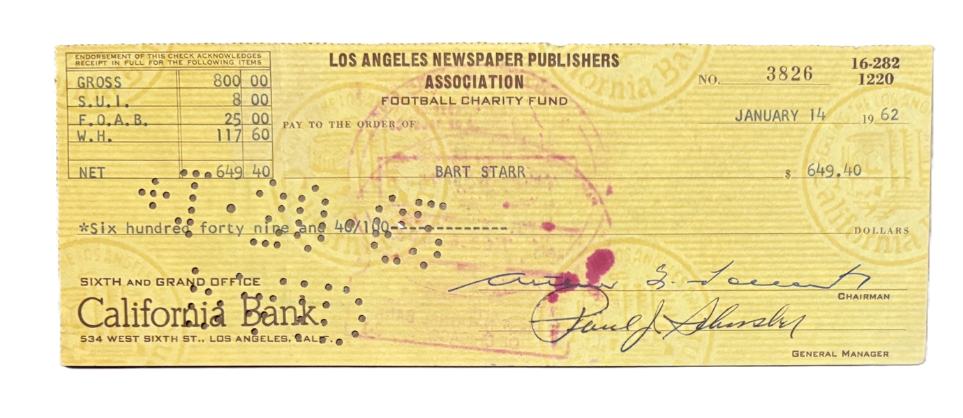 Bart Starr Ultra-Rare 1962 Pro Bowl Payroll Check Following NFL Championship Game Victory! (Third Party Guaranteed)